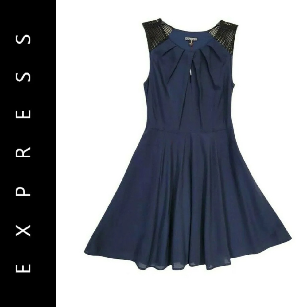 Express Fit and Flare Navy Dress with Mesh Shoulder Detailing.  Size 6